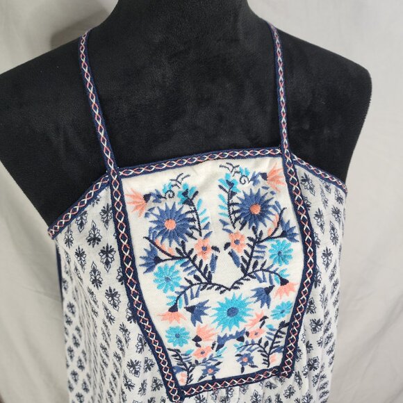JOLT Size Medium Blue Floral Boho Beach Square Neck Pleated Strappy Tank Top EUC - Picture 2 of 9